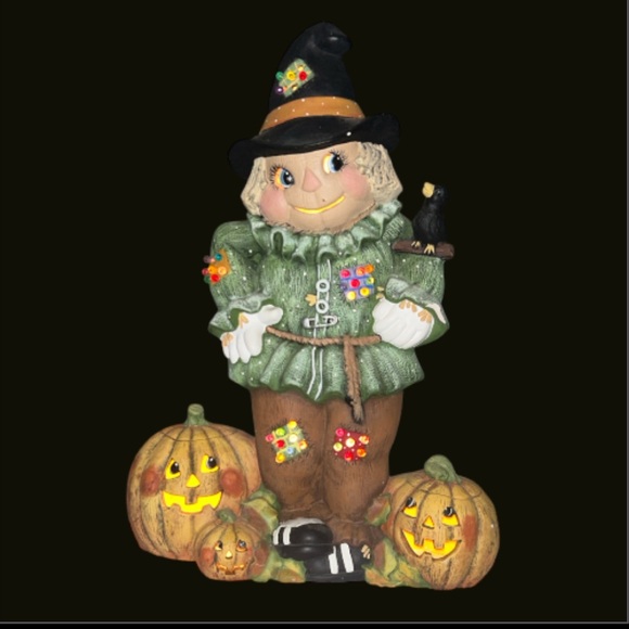Large Vintage Light Up Scarecrow Pumpkin Ceramic Halloween Fall Decor - Picture 1 of 14
